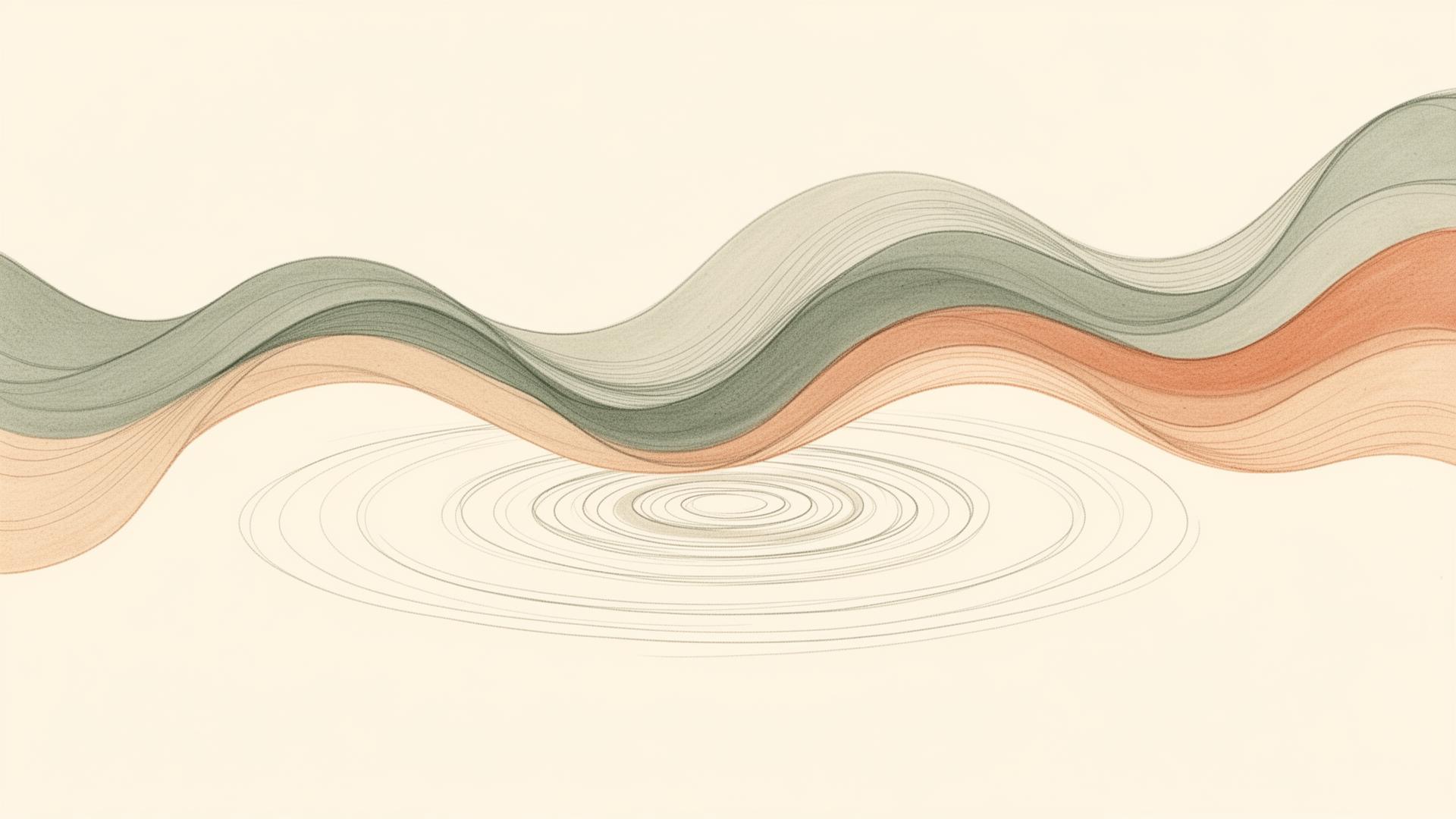 Ondas suaves em tons de sálvia, areia e argila, com ressonâncias circulares sobre fundo claro